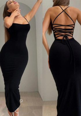 Women Spring Summer Sexy Backless Lace-Up Solid Dress