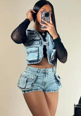 Women Multi-Pocket Vest and Casual Shorts Stretch Two-piece Set