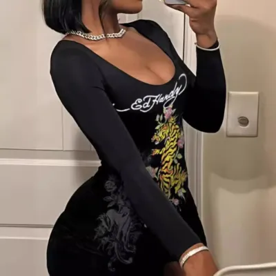 Women Trendy Print Long Sleeve Slim Tight Jumpsuit