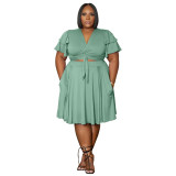 Women's Ruffle Sleeve Lace-Up V-Neck Top Loose Pocket Skirt Plus Size Two Piece Set