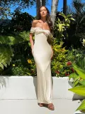 Women's Spring Sexy Off Shoulder Knot Ruffle Slim Long Dress