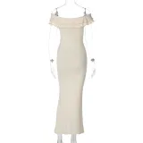 Women's Spring Sexy Off Shoulder Knot Ruffle Slim Long Dress