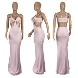 Women's Solid Color Strap Hollow Waist Long Dress