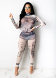 Women's Sexy Dollar Print Mesh Long Sleeve Jumpsuit