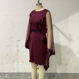 Fashionable Round Neck Chic Solid Color Mesh Shawl Elegant Dress