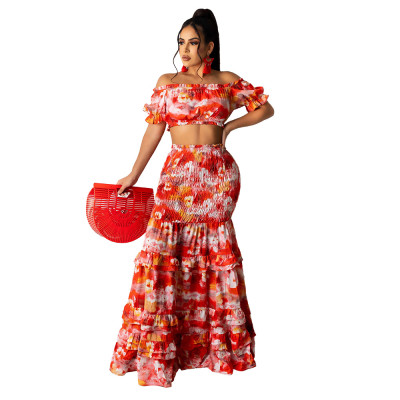 Printed Short Sleeve Sexy Slim Fit Women's Casual Two Piece Skirt Set