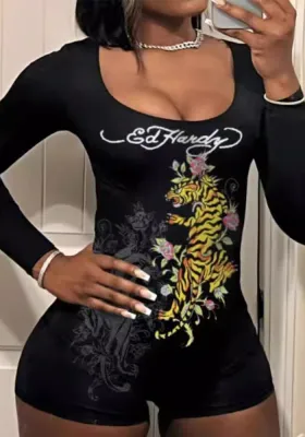 Women Trendy Print Long Sleeve Slim Tight Jumpsuit