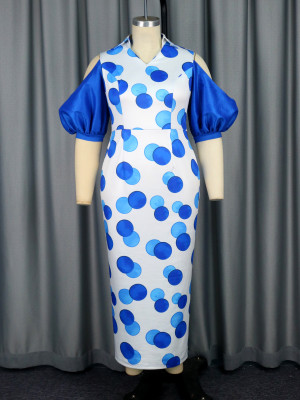 Chic Shoulder Cutout Puff Sleeve Polka Dot Printed Party Dress