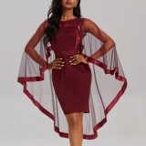 Fashionable Round Neck Chic Solid Color Mesh Shawl Elegant Dress