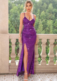 Summer Women Sexy Sequin Backless Slit Evening Dress