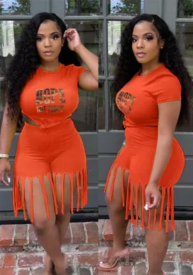 Women Casual Short Sleeve Top and Tassel Shorts Two Piece Set