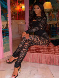 Women Sexy Black Lace Pattern Hollow Round Neck See-Through Jumpsuit