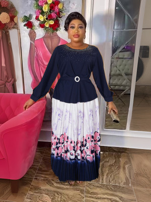 Plus Size African Women Chic Top+ Printed Pleated Skirt Two-piece Set