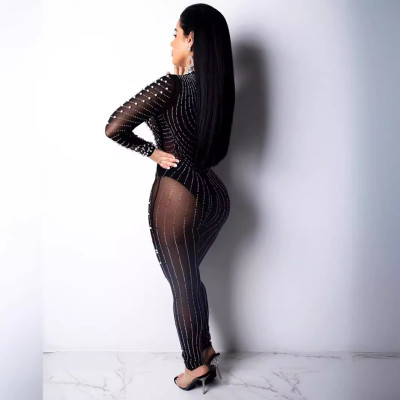 Women Sexy Mesh See-Through Beaded Round Neck Long Sleeve Jumpsuit