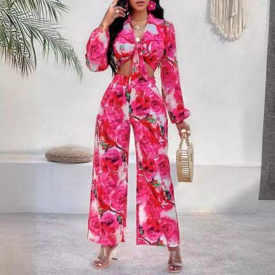 Women summer knotted printed Top And trousers two-piece set