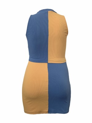 Women Color Block Zipper Casual Sleeveless Top and Skirt Two-piece Set