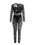 Women Sexy Black Lace Pattern Hollow Round Neck See-Through Jumpsuit