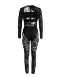 Women Sexy Black Lace Pattern Hollow Round Neck See-Through Jumpsuit