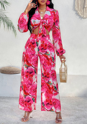 Women summer knotted printed Top And trousers two-piece set