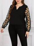 Plus Size Women Solidmesh Patchwork Long Sleeve Plus Size Shirt