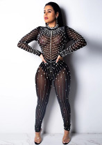 Women Sexy Mesh See-Through Beaded Round Neck Long Sleeve Jumpsuit