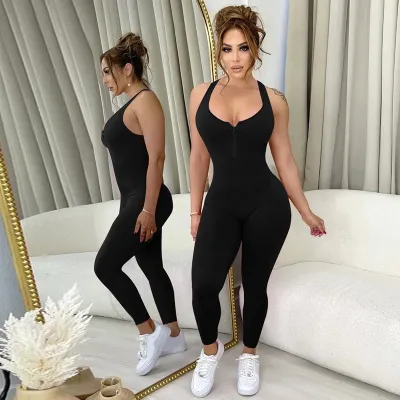 Women Spring Summer Women Solid Zipper Jumpsuit