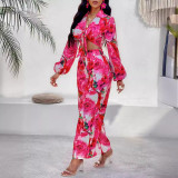 Women summer knotted printed Top And trousers two-piece set