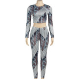 Women Spring Round Neck Long Sleeve Top and Printed Pants Two-piece Set