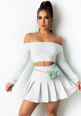 Women's Spring And Summer Sexy Fashion Solid Color Off Shoulder Long Sleeve Crop Top Pleated Skirt Two-Piece Set