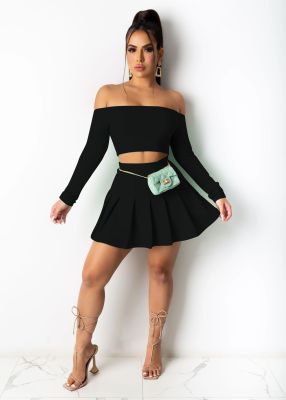 Women's Spring And Summer Sexy Fashion Solid Color Off Shoulder Long Sleeve Crop Top Pleated Skirt Two-Piece Set