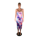 Women's Sexy Tie Dye Printed Strap Low Back Dress