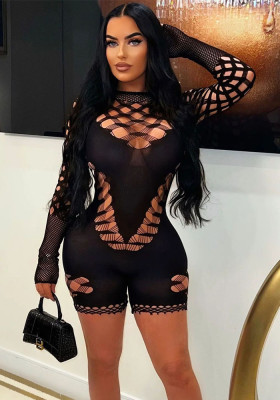 Women Mesh Sexy See-Through Long Sleeve Jumpsuit