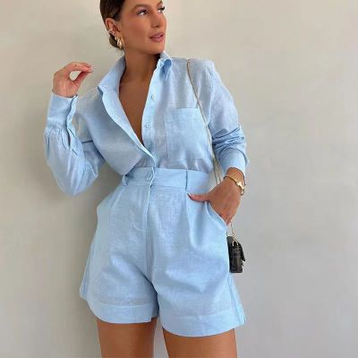 Women Casual long-sleeved shirt and Shorts two-piece set