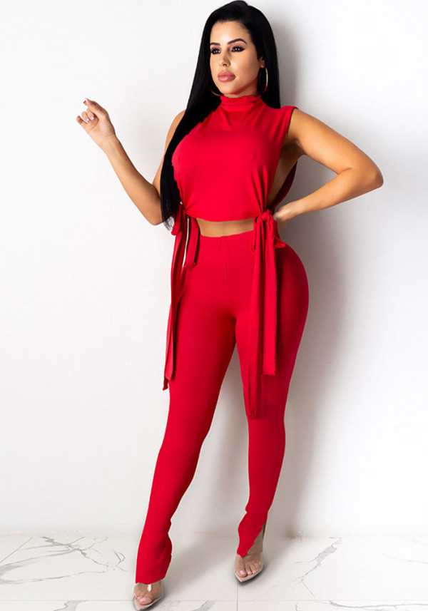 Women Solid Lace-Up Sexy Top and Pant Two-piece Set