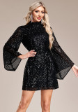 Women Turtleneck Bell Bottom Sleeve Sequined Black Cocktail Dress