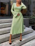 Plus Size Women Belt Bottom Long Sleeve Ribbed Dress