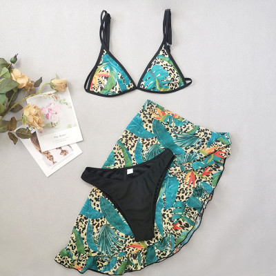 Women Leopard Print Lace-Up Wrap Skirt Bikini Swimwear Three-Piece
