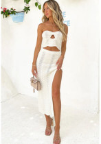 Women Spring Sleeveless Strapless Top and Slit Skirt Two-piece Set