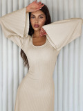 Plus Size Women Belt Bottom Long Sleeve Ribbed Dress