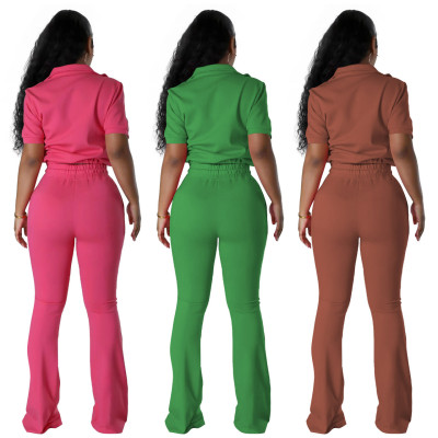 Women 's Fashion Casual Zip Top Bell Bottom Pants Two Piece Set