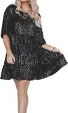 Women 's Sequin Half Sleeve Round Neck Ruffle Loose Formal Party Dress