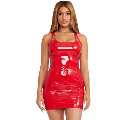 Solid Color Strap Pu Leather Slim Dress