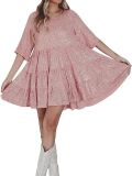 Women 's Sequin Half Sleeve Round Neck Ruffle Loose Formal Party Dress