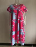 Plus Size Women Summer Dress Round Neck Pink Maple Leaf Casual Beach Dress