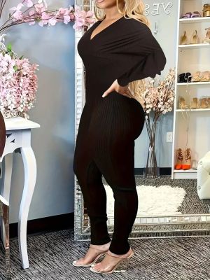 Plus Size Women V Neck Ribbed Sexy Solid Jumpsuit