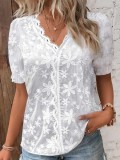 Women Summer Casual V-Neck Lace Patchwork Shirt