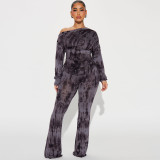 Women long-sleeved printed off-shoulder Top and Pant two-piece set