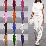 Women Pants Solid One Shoulder Stacked Collar Jumpsuit