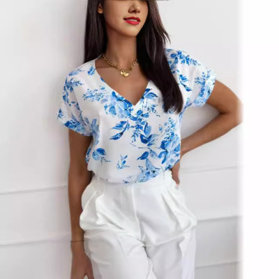 Women summer printed V-neck loose short-sleeved shirt