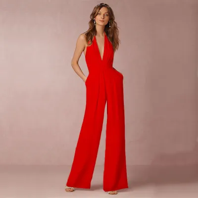 Women Sexy Sleeveless Halter Neck Loose Jumpsuit